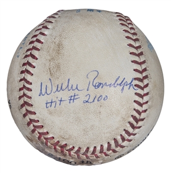 Willie Randolph Game Used 2,100th Career Hit Baseball - Single Vs. Mike Fetters 8-30-1991 (Randolph LOA)  